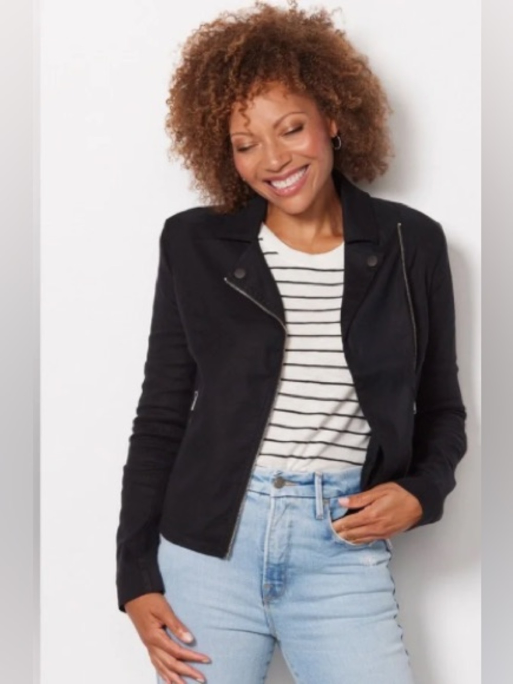 Evereve Jagger Black Asymmetrical linen blend moto jacket. Size Medium